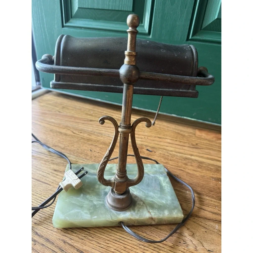 Vintage‎ Banker's Desk Lamp | Green Marble Base | Brass Lyre Stem | Mid Century